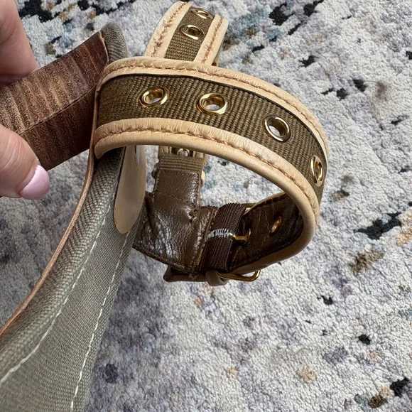 Y2K MIU MIU Double Buckle, Leather & Glitter, Olive Canvas Heels - Picture 13 of 16